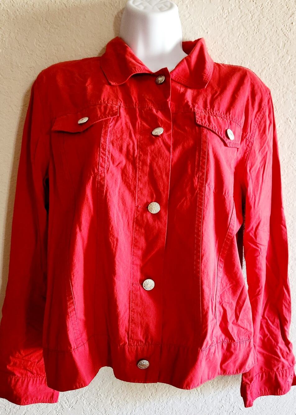 Hannah Red Button Up Pointed Collar Denim Jacket Large Lightweight Softshell
